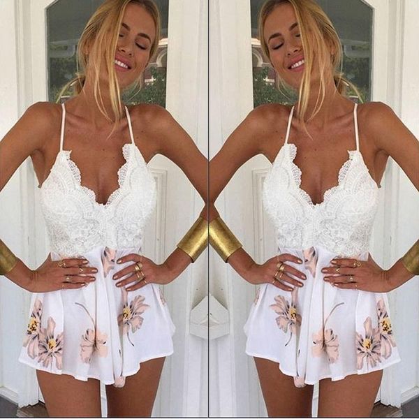 floral pattern women jumpsuit women ladies clubwear v neck lace patchwork sling playsuit bodycon party short jumpsuit, Black;white 
floral pattern women jumpsuit women ladies clubwear v neck lace patchwork sling playsuit bodycon party short jumpsuit, Black;white