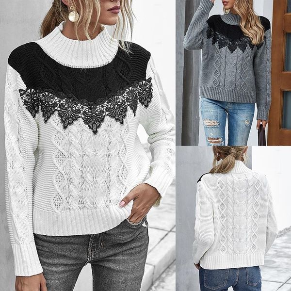 women's casual loose half high collar hit color lace stitching ladies long-sleeved sweater spring and autumn, White;black
women's casual loose half high collar hit color lace stitching ladies long-sleeved sweater spring and autumn, White;black