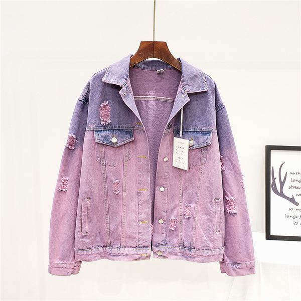 

fashion hit color holes denim jacket women outerwear harajuku loose long sleeve short washed jeans jacket coat streetwear female 201106, Black;brown