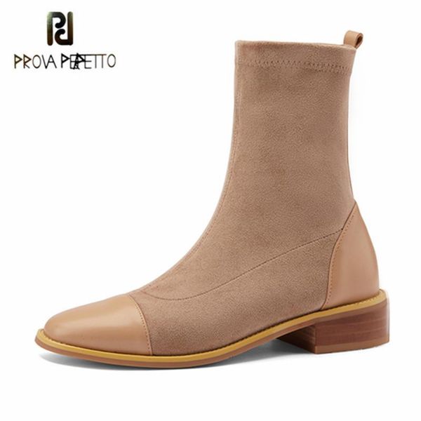 boots prova perfetto genuine leather ankle women square heel elastic fabric round toe microfiber flat party bota feminina retro, Black
boots prova perfetto genuine leather ankle women square heel elastic fabric round toe microfiber flat party bota feminina retro, Black