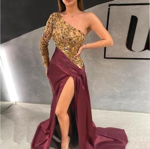 one shoulder burgundy evening dress long sleeve high slit women party dresses chic crystals long prom gowns robe de soiree, Black;red
one shoulder burgundy evening dress long sleeve high slit women party dresses chic crystals long prom gowns robe de soiree, Black;red