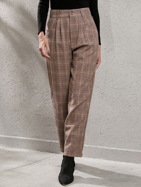high waist plaid print pants h2vj#, Black;white