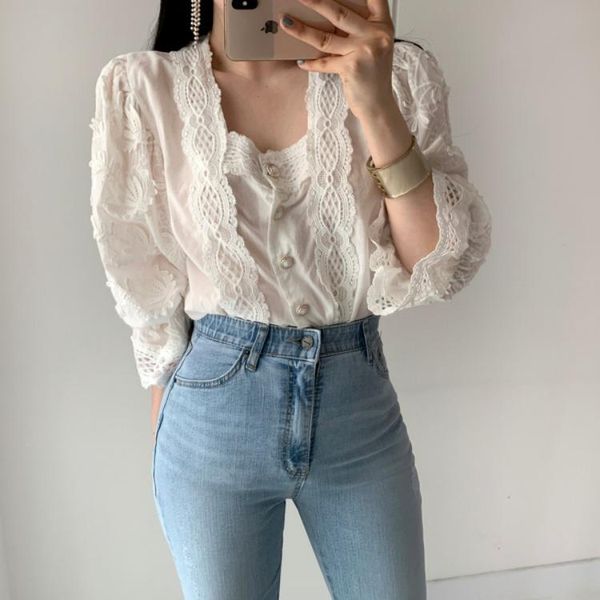 women's blouses & shirts korean chic autumn retro hollow out shirt square collar jacquard lace blouse single breasted puff sleeve women, White
women's blouses & shirts korean chic autumn retro hollow out shirt square collar jacquard lace blouse single breasted puff sleeve women, White