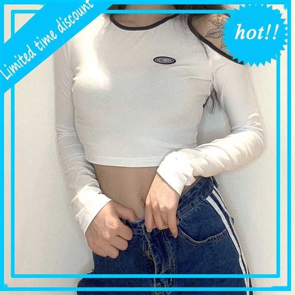 2021 autumn and winter new women's wear solid color slim fashion label long sleeve off shoulder short t-shirt, White
2021 autumn and winter new women's wear solid color slim fashion label long sleeve off shoulder short t-shirt, White