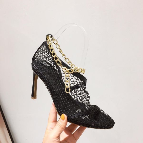 2021 new mesh style pointed to small fragrance hollow heel decorative metal high heels shoes nyga, Black 
2021 new mesh style pointed to small fragrance hollow heel decorative metal high heels shoes nyga, Black