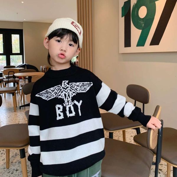 winter 2021 boys' girls' eagle black white stripe pullover with middle neck and double cotton sweater, Blue 
winter 2021 boys' girls' eagle black white stripe pullover with middle neck and double cotton sweater, Blue