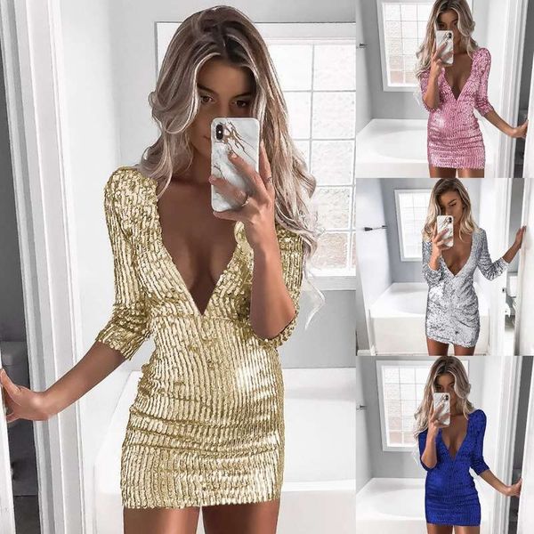 autumn / winter sequins deep v-wrap hip slim dress 2751, Black;gray
