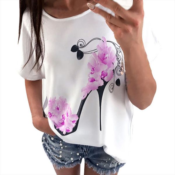 women tee shirt femme plus size fashion short sleeve high heels printed casual loose t shirt camisa femenina yy, White 
women tee shirt femme plus size fashion short sleeve high heels printed casual loose t shirt camisa femenina yy, White