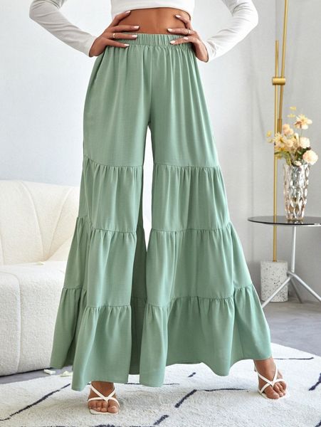 high waist ruffle hem wide leg pants 28re#, Black;white