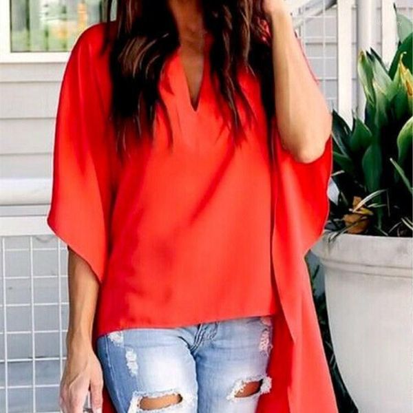 

women blouses 2019 spring v neck asymmetrical batwing sleeve solid elegant longline blouse plus size shirts1, White