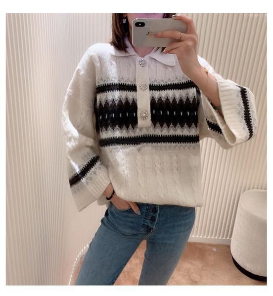women's knitted sweater crystal buckle turn-down collar stripes three quarter sleeve jumper sweater women1, White;black
women's knitted sweater crystal buckle turn-down collar stripes three quarter sleeve jumper sweater women1, White;black