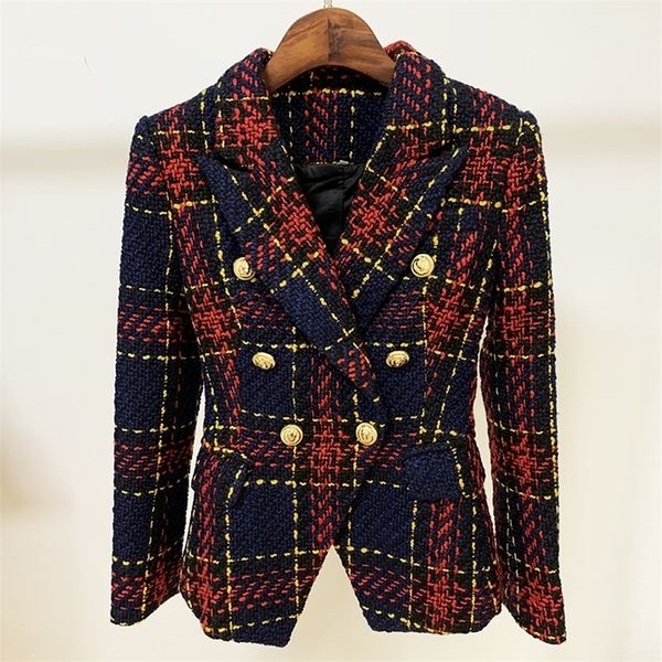 high street 2020 designer jacket women's lion buttons double breasted slim fitting plaid tweed blazer lj201214, White;black
high street 2020 designer jacket women's lion buttons double breasted slim fitting plaid tweed blazer lj201214, White;black