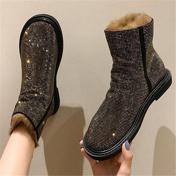 bling crystals women snow boots handmade shiny rhinestones diamonds cow suede flat ankle boots warm winter shoes botas, Black