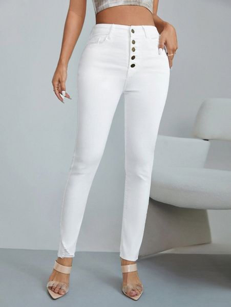 high waisted button fly raw hem skinny jeans i8pn#, Blue