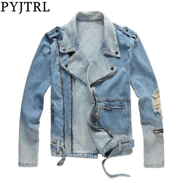 pyjtrl mens autumn winter thick holes ripped light blue denim jacket motorcycle streetwear zippers old fashioned coat outerwear 201104, Black;brown
pyjtrl mens autumn winter thick holes ripped light blue denim jacket motorcycle streetwear zippers old fashioned coat outerwear 201104, Black;brown