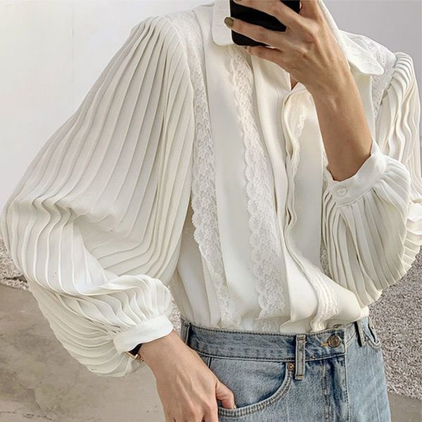 2021 new chiffon women's solid french shirt breasted plissado lantern sleeves oversized blouse autumn shirts 21bn, White
2021 new chiffon women's solid french shirt breasted plissado lantern sleeves oversized blouse autumn shirts 21bn, White