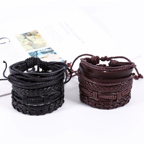 charm bracelets 4pcs/set retro hippie punk wrap macrame wax cord knots dark brown black leather layers stackable bracelet bangles for man, Golden;silver 
charm bracelets 4pcs/set retro hippie punk wrap macrame wax cord knots dark brown black leather layers stackable bracelet bangles for man, Golden;silver