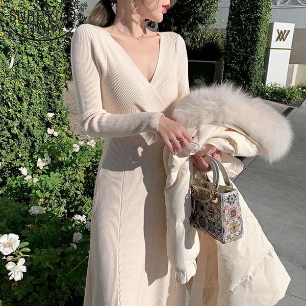 

vintage v-neck elegant long sleeve high waist a-line midi knitted dress deep french style white women's dress vestido 11734 201126, Black;gray