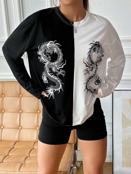 chinese dragon print two tone drop shoulder tee m24c#, White
chinese dragon print two tone drop shoulder tee m24c#, White