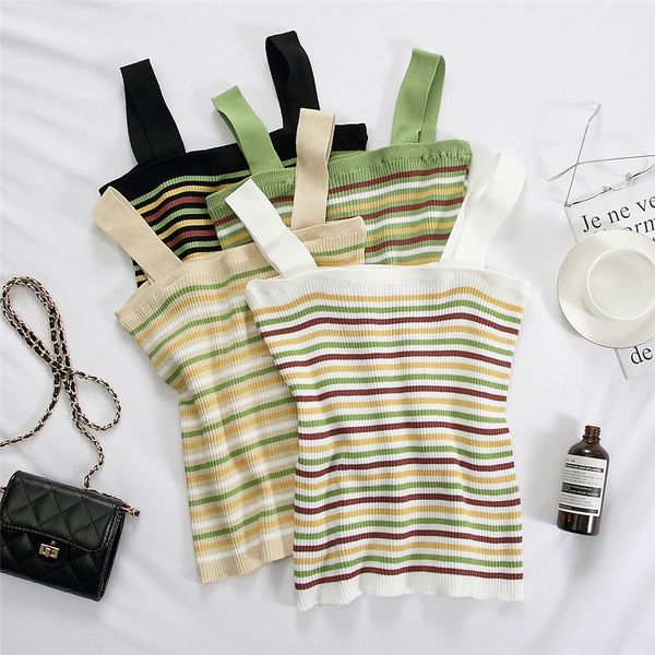 2020 summer new knitted camisole vest rainbow stripe suspender vest for women's wear short and thin with bottom layer 5uhwg, White;black
2020 summer new knitted camisole vest rainbow stripe suspender vest for women's wear short and thin with bottom layer 5uhwg, White;black