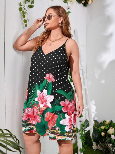 plus polka dot & tropical print cami dress g2sc#, Black
plus polka dot & tropical print cami dress g2sc#, Black