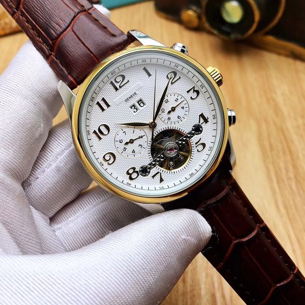 mens watches mechanical automatic 42mm daydate flywheel dial genuine leather strap gold watch for men gift dropshipping, Slivery;brown
mens watches mechanical automatic 42mm daydate flywheel dial genuine leather strap gold watch for men gift dropshipping, Slivery;brown