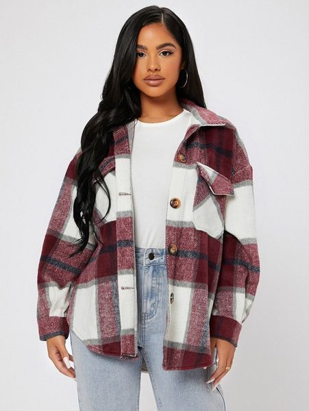 petite plaid print drop shoulder overcoat j6ij#, Black