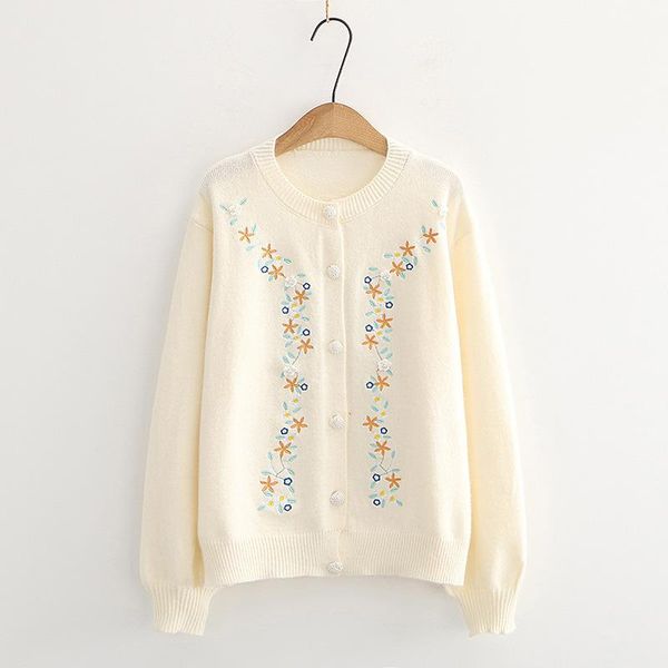 japanese small fresh 2020 autumn and winter new sweet flower embroidery loose round neck sweater coat yx, White