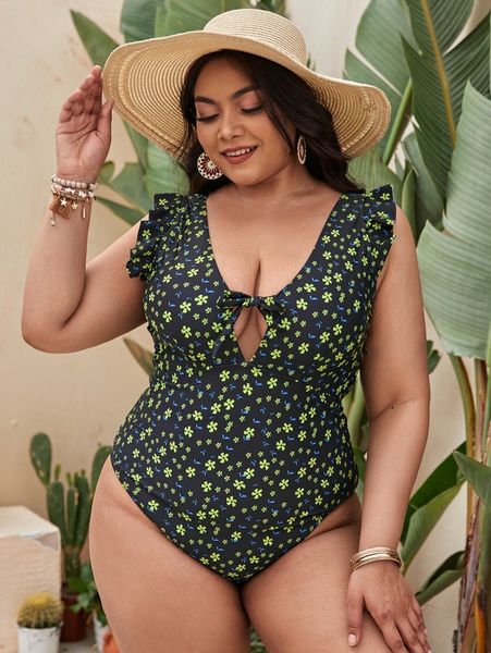 plus ditsy floral ruffle one piece swimsuit g3xn#, Black