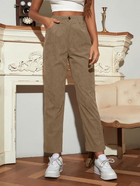 high waist corduroy straight leg pants q7ek#, Black;white