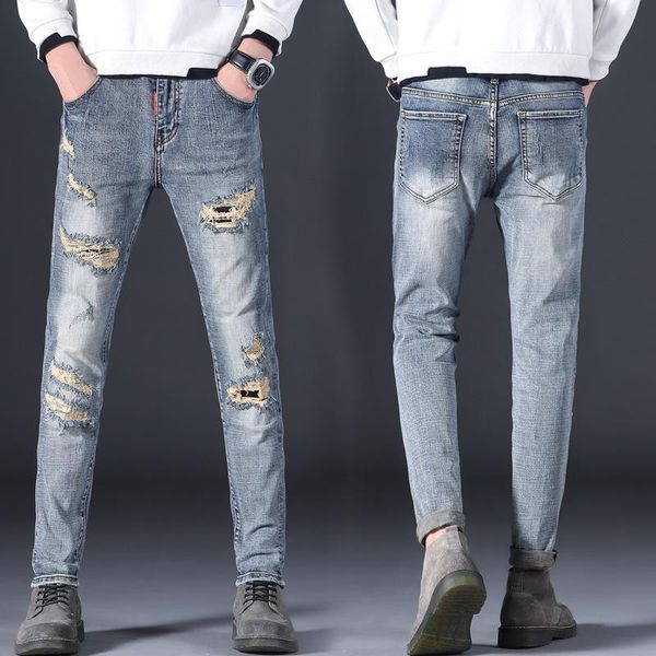 men's jeans logo cultivate morality of fund 2021 autumn light high-end han edition small straight hole trousers, Blue
men's jeans logo cultivate morality of fund 2021 autumn light high-end han edition small straight hole trousers, Blue