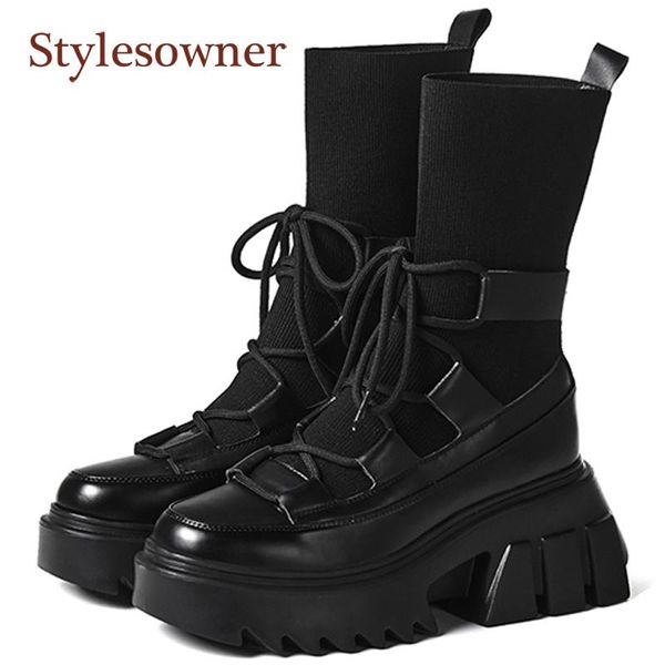boots real leather thick-soled platform sock shoes round toe lace-up height-increasing stretch fabric for autumn winter, Black
boots real leather thick-soled platform sock shoes round toe lace-up height-increasing stretch fabric for autumn winter, Black