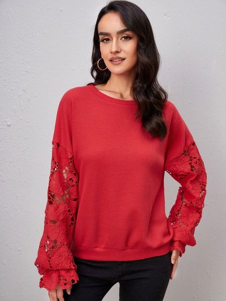 drop shoulder lace sleeve pullover 32i2#, White;black