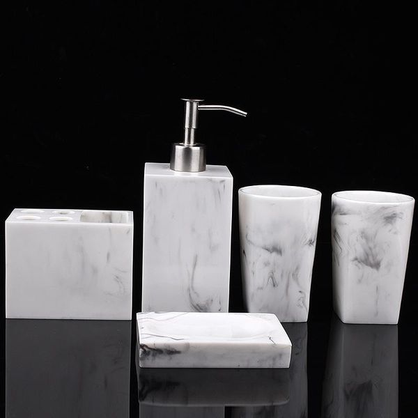 

bath accessory set marble texture resin bathroom five-piece european creative wash soap box toothbrush holder lotion bottle tray suppl