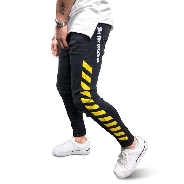 men's streetwear black jeans side stripe skinny pencil pants man hole broken hole embroidery homme hip hop denim trouser fashion, Blue
men's streetwear black jeans side stripe skinny pencil pants man hole broken hole embroidery homme hip hop denim trouser fashion, Blue