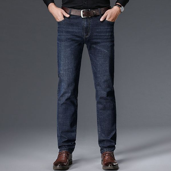 0boi3 men's four seasons men's business casual high waist elastic thick jeans jeans and jeansloose straight pants plush thickened, Blue
