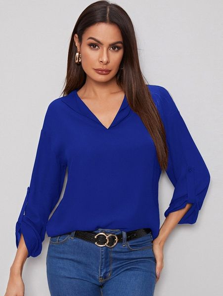 curved hem rolled tab sleeve o28c#, White
curved hem rolled tab sleeve o28c#, White