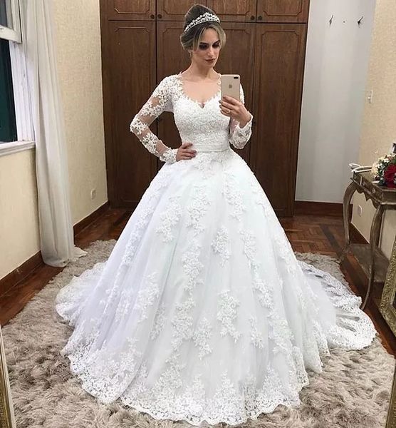 vestido de novia 2021 elegant lace applique wedding gowns sweep train long sleeves bridal gowns princess ball gown marriage dress, White
vestido de novia 2021 elegant lace applique wedding gowns sweep train long sleeves bridal gowns princess ball gown marriage dress, White