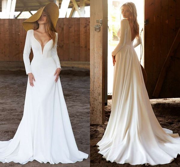 2021 simple country wedding dresses satin plunging v neck long sleeves a line bohemian bridal gowns backless long robe de mariage al8384, White
2021 simple country wedding dresses satin plunging v neck long sleeves a line bohemian bridal gowns backless long robe de mariage al8384, White