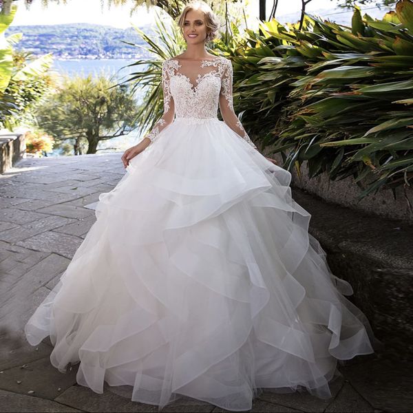 beach appliques lace tulle o neck wedding dress long sleeve backless puffy sweep train custom made bridal dresses robe de mariee, White
beach appliques lace tulle o neck wedding dress long sleeve backless puffy sweep train custom made bridal dresses robe de mariee, White