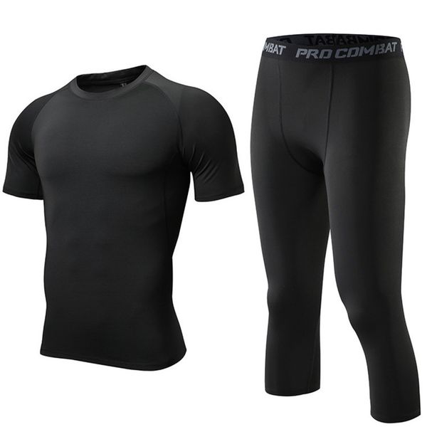sportswear short sleeve fitness quick dry running capris sports men's casual suit, Gray