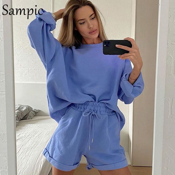 sampic summer long sleeve women shorts set o neck white shirt and loose shorts two piece sets outfits pants suit 201007
sampic summer long sleeve women shorts set o neck white shirt and loose shorts two piece sets outfits pants suit 201007