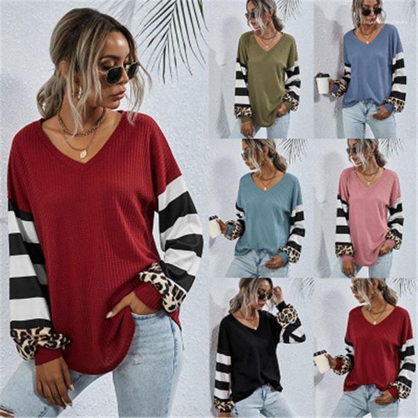 long sleeve casual pullover designer autumn new female loose tshirts women stripe splicing t-shirts fashion trend leopard v neck, White
long sleeve casual pullover designer autumn new female loose tshirts women stripe splicing t-shirts fashion trend leopard v neck, White
