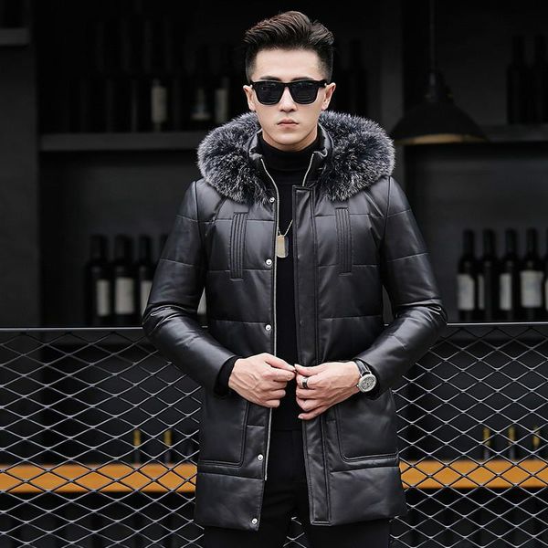men's leather & faux men jacket genuine down long winter sheepskin coat fur collar real, Black
men's leather & faux men jacket genuine down long winter sheepskin coat fur collar real, Black