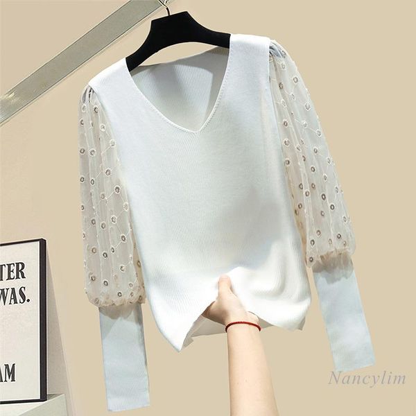 women's sweaters 2021 spring autumn women v-neck mesh lace lantern long sleeve sweater female clothes outerwear knit ladies jumpers, White;black
women's sweaters 2021 spring autumn women v-neck mesh lace lantern long sleeve sweater female clothes outerwear knit ladies jumpers, White;black