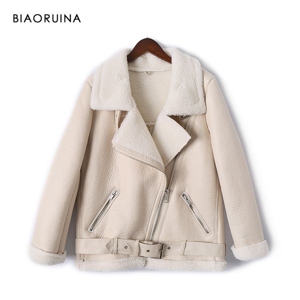 biaoruina moto&biker style women's loose faux leather patchwork lamb keep warm thick jacket coat turn-down collar with beltx1016, Black;brown 
biaoruina moto&biker style women's loose faux leather patchwork lamb keep warm thick jacket coat turn-down collar with beltx1016, Black;brown