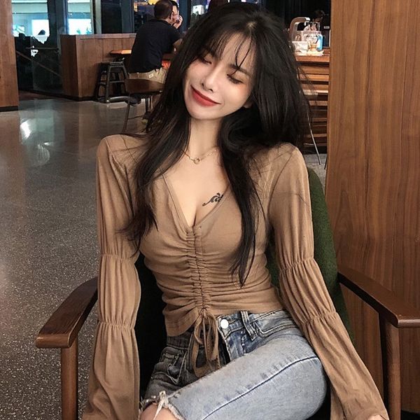 fall 2020 new style trumpet long sleeve drawstring strap open navel short v-neck t-shirt for women
fall 2020 new style trumpet long sleeve drawstring strap open navel short v-neck t-shirt for women
