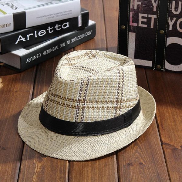 new plaid jazz hat with ribbon curling brim cap summer beach panama caps fedora hats for women and men1, Blue;gray
new plaid jazz hat with ribbon curling brim cap summer beach panama caps fedora hats for women and men1, Blue;gray