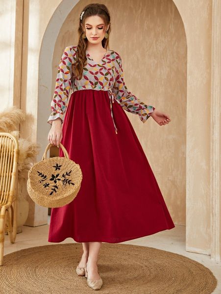 geo print flounce sleeve overlap collar drawstring waist dress e1az#, Black;gray
geo print flounce sleeve overlap collar drawstring waist dress e1az#, Black;gray