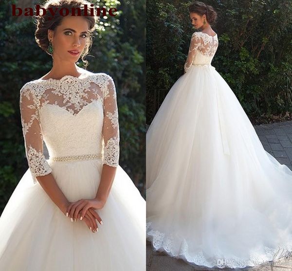 2021 modest a line wedding dresses with half sleeves lace bateau neck beading sash sweep train plus size beach garden bridal gown bm0870, White
2021 modest a line wedding dresses with half sleeves lace bateau neck beading sash sweep train plus size beach garden bridal gown bm0870, White